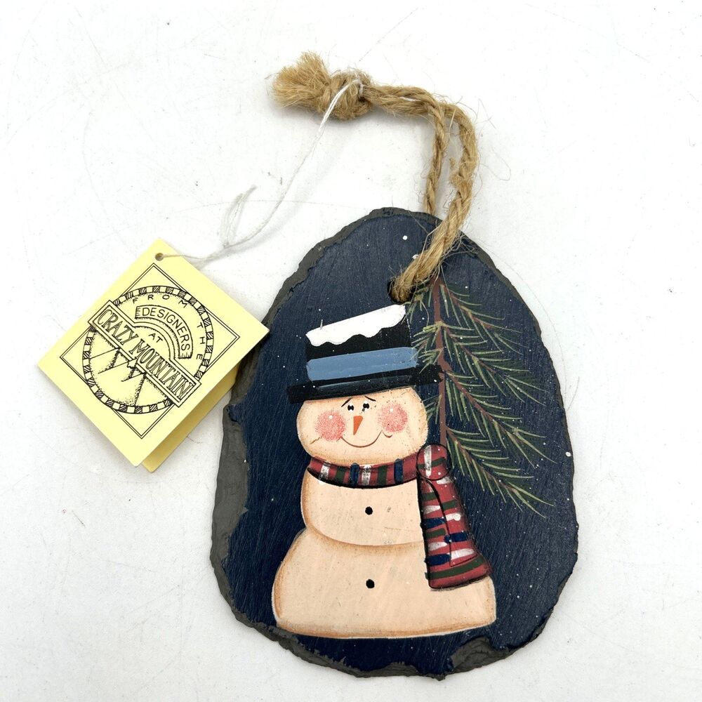 VTG Crazy Mountain Hand Painted Slate Snowman Christmas Ornament Folk Art NWT